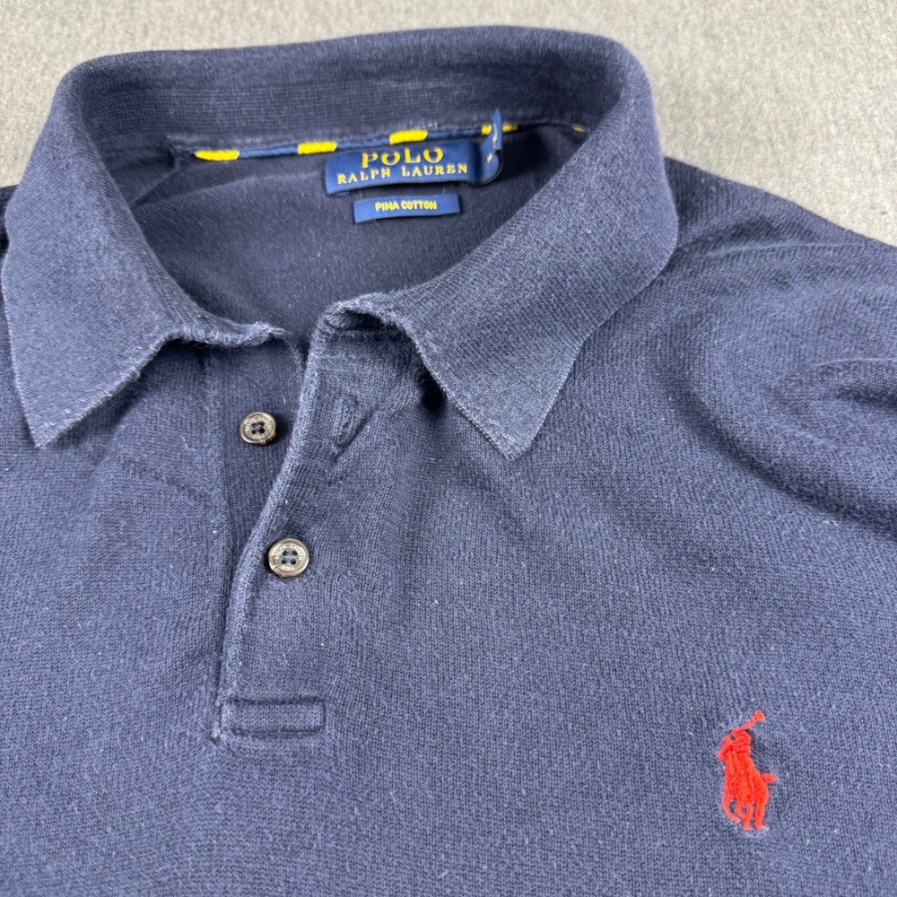 Polo Ralph Lauren Men Navy Blue Pima Cotton Long Sleeve Polo Sweater Size M‎